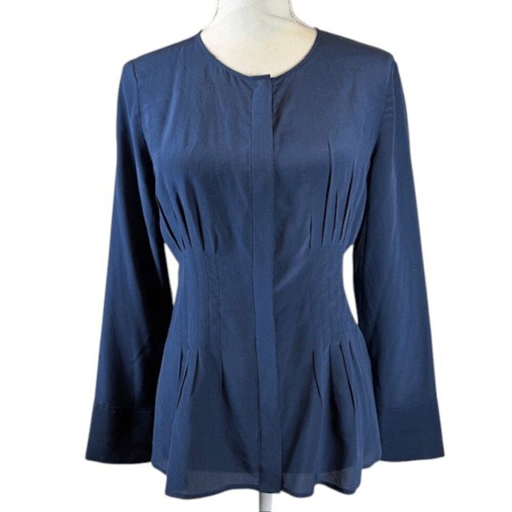Club Monaco Pintuck Peplum Blouse 100% Silk Covered Button‎ Navy Blue Small